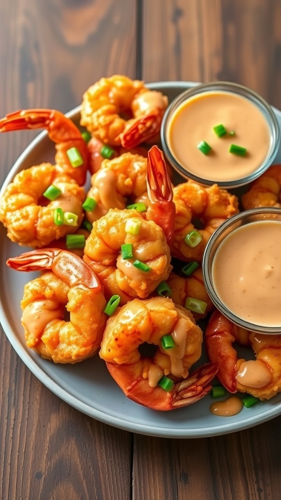 Easy Air Fryer Bang Bang Shrimp Recipe Crispy air fryer bang bang shrimp drizzled with spicy sauce, garnished with green onions on a rustic table.